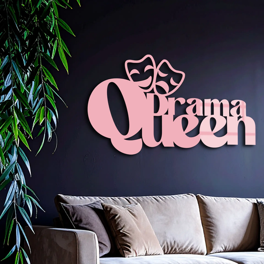 Drama Queen metal wall art with comedy masks, pink typography, Enova Art on Tampa Home & Garden Store