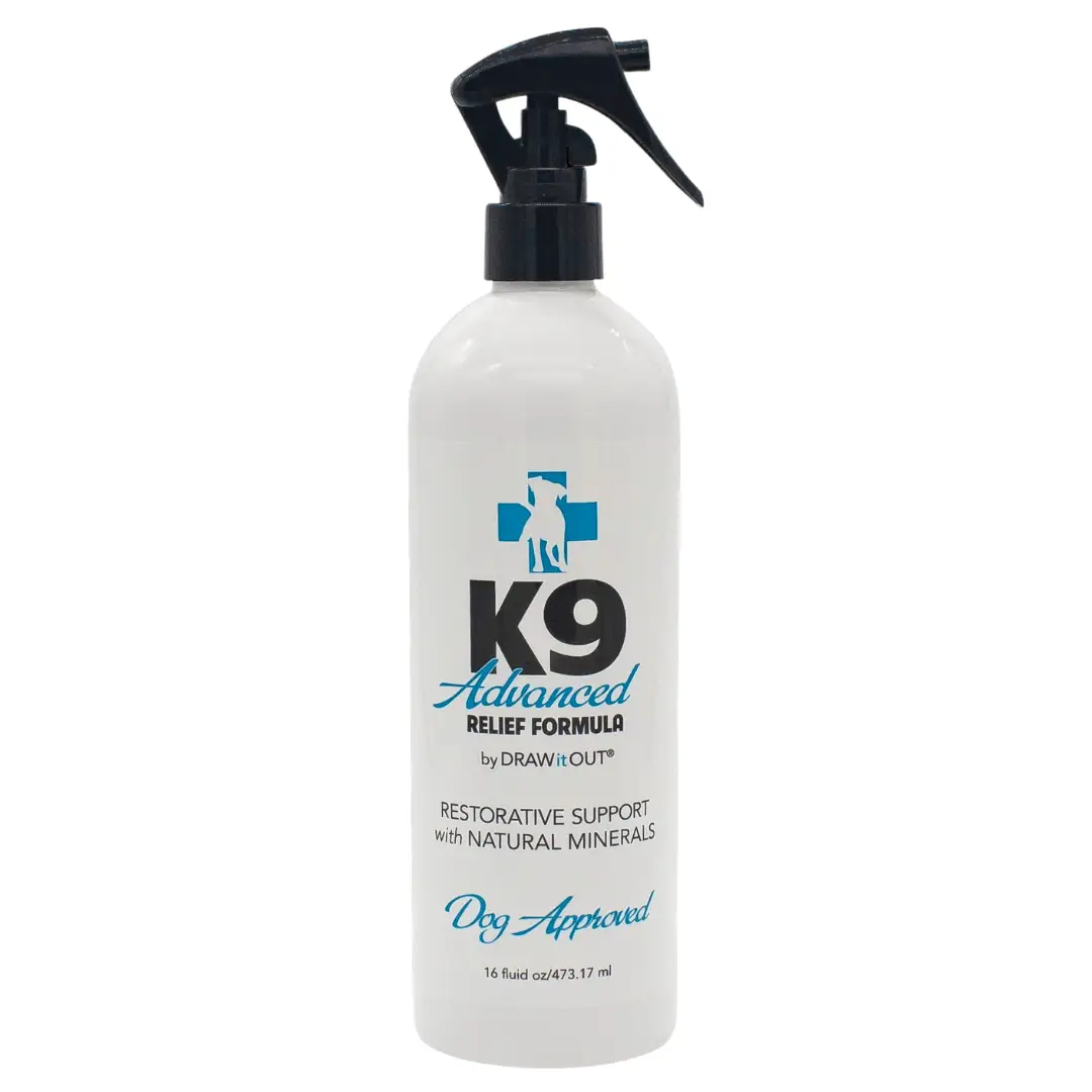 Draw It Out K9 Advanced Relief Spray for dogs, white bottle with blue cross, 16 oz on Tampa Home & Garden Store
