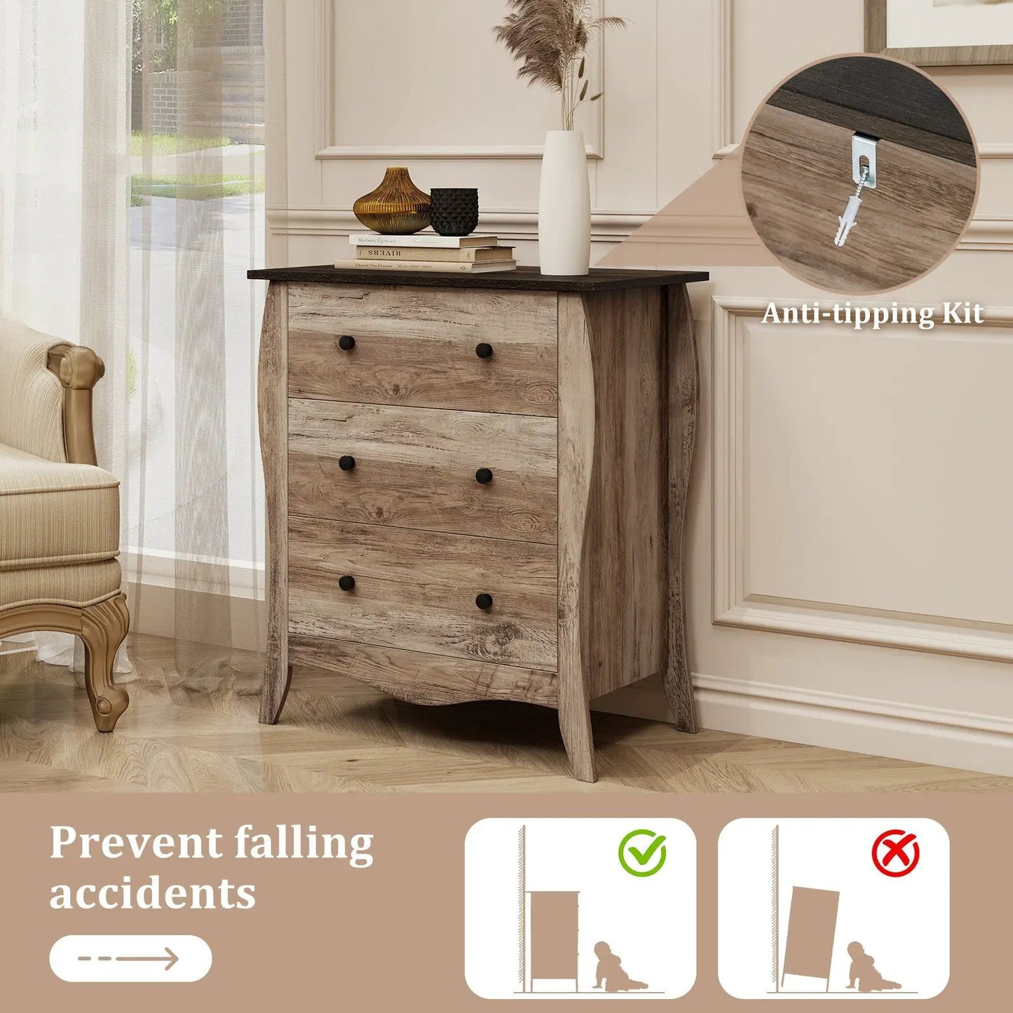 Bedroom dresser with 3 folding fabric drawers in brown wood finish and anti-tipping kit on Tampa Home & Garden Store