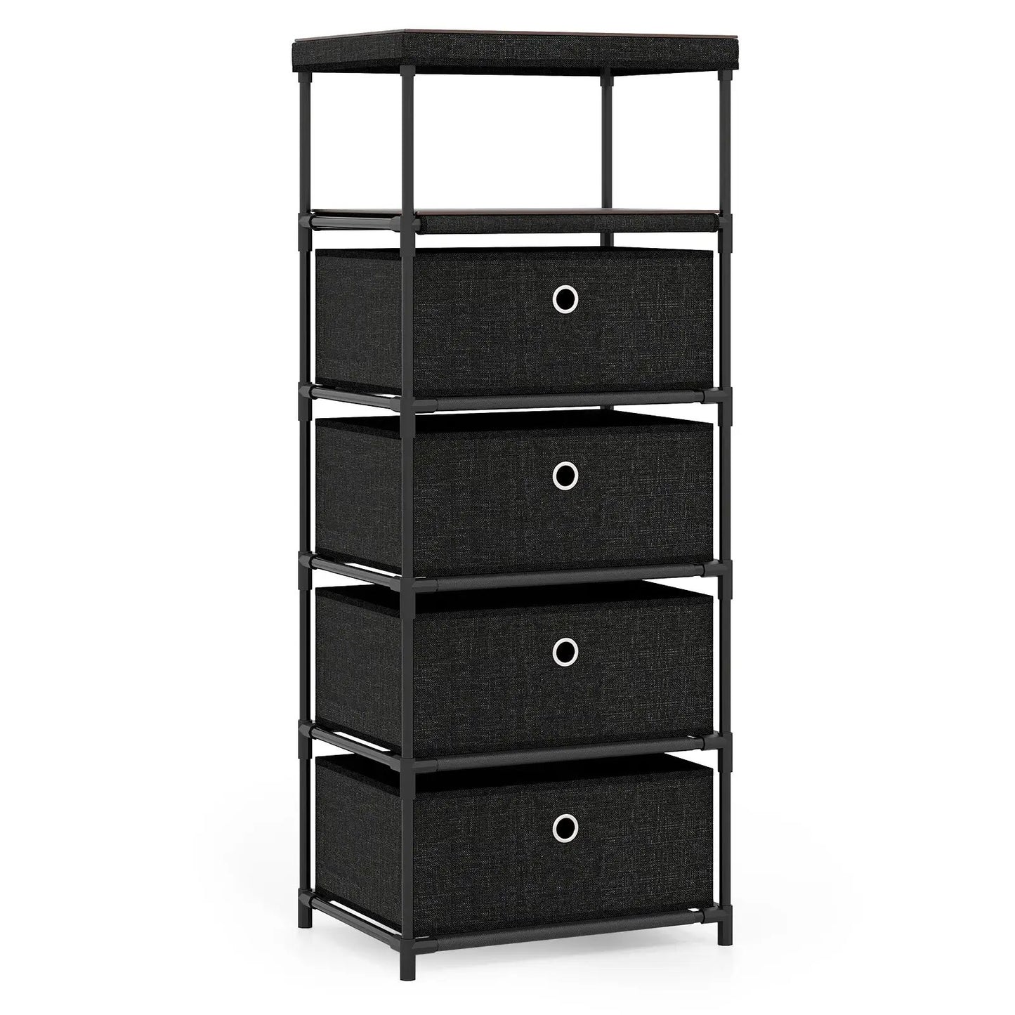Fabric storage tower dresser with wood top and black fabric bins on a metal frame on Tampa Home & Garden Store
