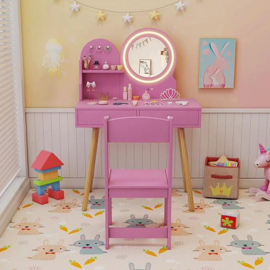 Kids princess makeup desk and chair set with round lit mirror and pink shelves on Tampa Home & Garden Store