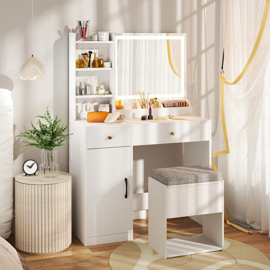 Tocador con espejo y luces y silla - Blanco