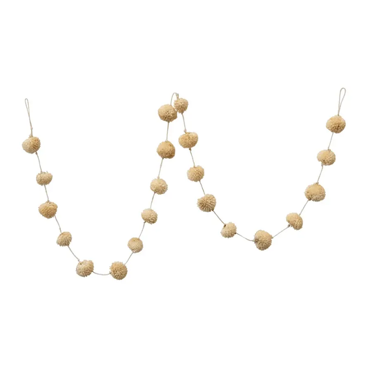 Dried Spinny Flower Garland with cream pom-poms on natural cord; rustic dried florals on Tampa Home & Garden Store