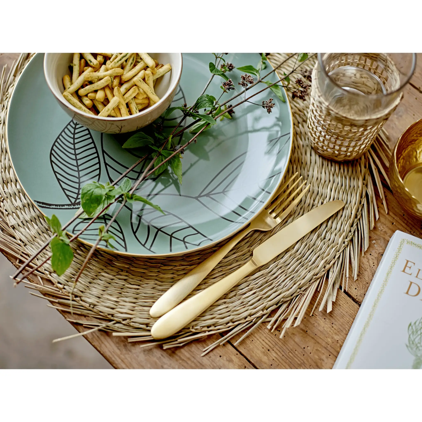 Drinking glass with woven seagrass sleeve by White Cliff Studio tumbler on Tampa Home & Garden Store