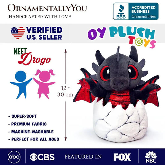 Drogo the Dino Egg Plushie 12 in black and red dinosaur stuffed toy OrnamentallyYou on cracked egg on Tampa Home & Garden Store