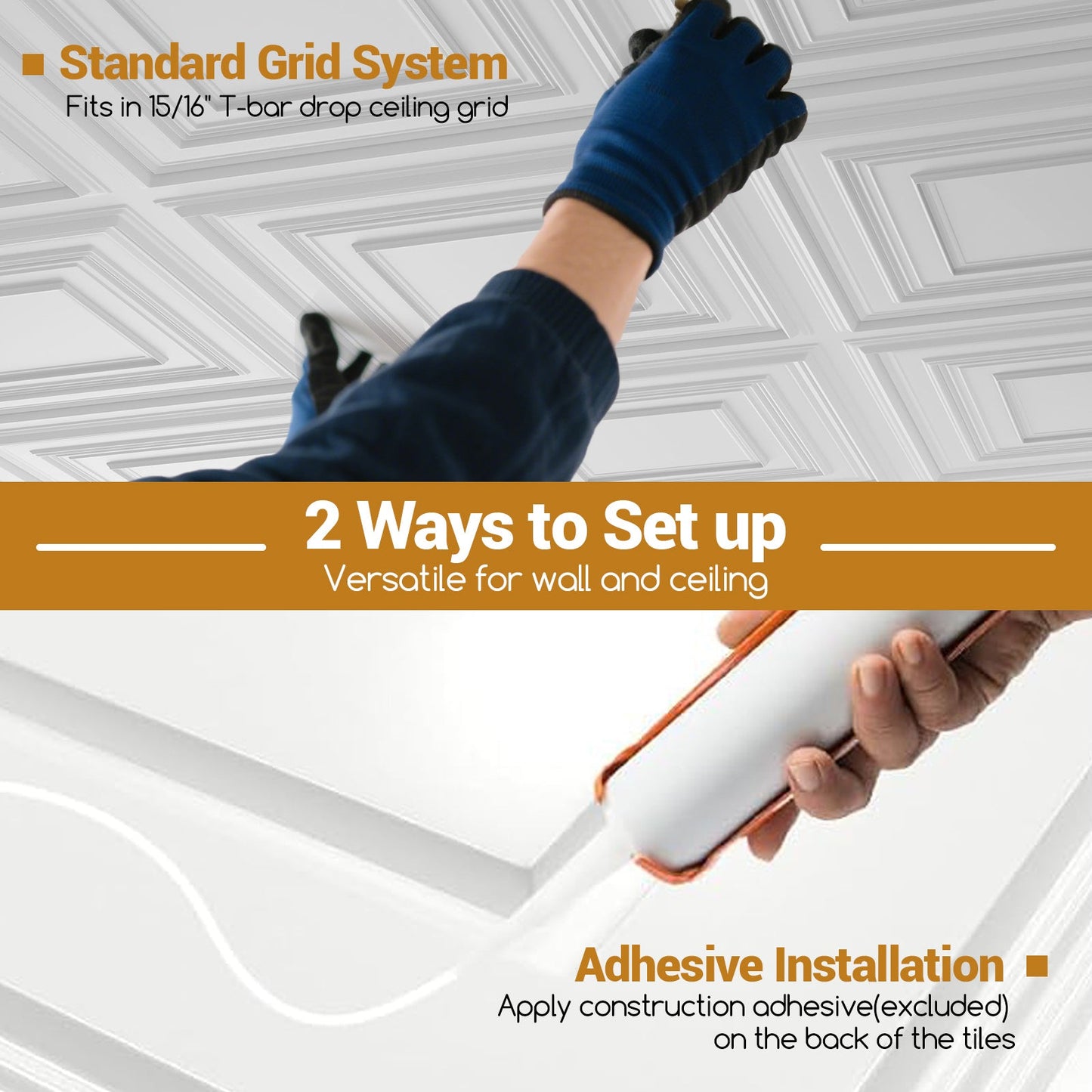 Drop ceiling tiles 24x24 PVC panels white being installed by gloved hands on Tampa Home & Garden Store