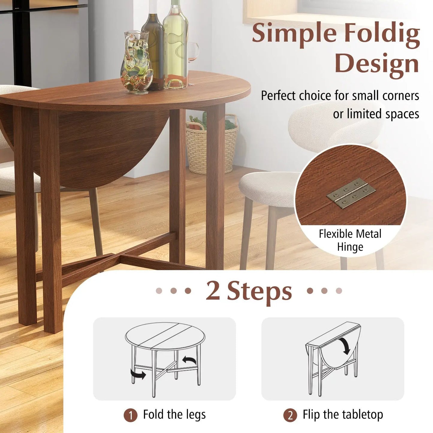 Walnut dual drop-leaf folding table for small spaces with round top and hinged leaves on Tampa Home & Garden Store