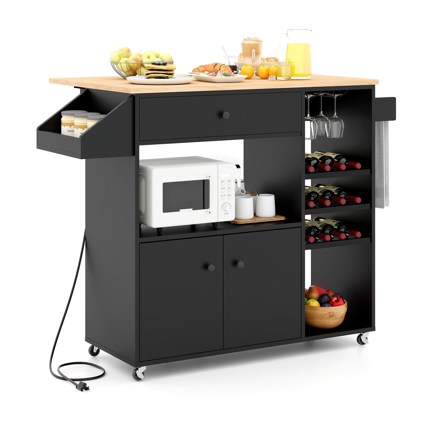 Drop Leaf Mobile Kitchen Island Cart with Power Outlet and Adjustable Shelf-Rustic Brown - Tampa Home & Garden Store