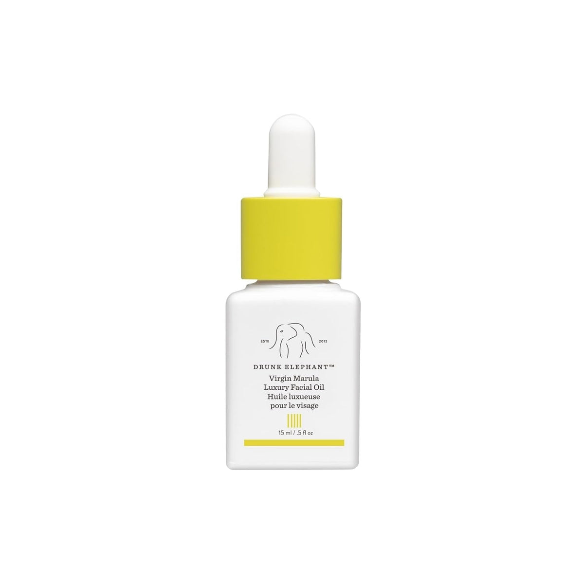 Drunk Elephant Virgin Marula Luxury Facial Oil bottle with yellow dropper cap, 15 mL on Tampa Home & Garden Store