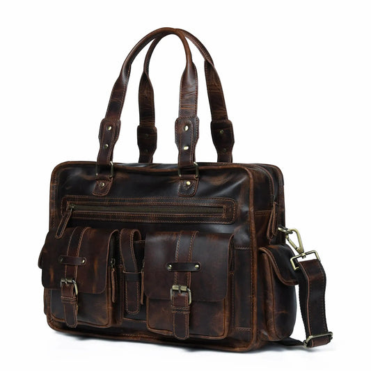 Dryden Buffalo Leather Briefcase, large size, dark brown leather with multiple exterior pockets on Tampa Home & Garden Store