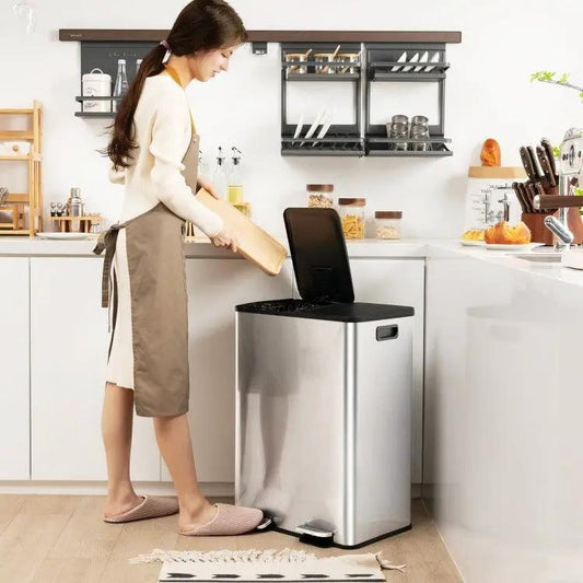 Dual 8-Gallon stainless steel step trash can by HomePacific with black lid in kitchen on Tampa Home & Garden Store