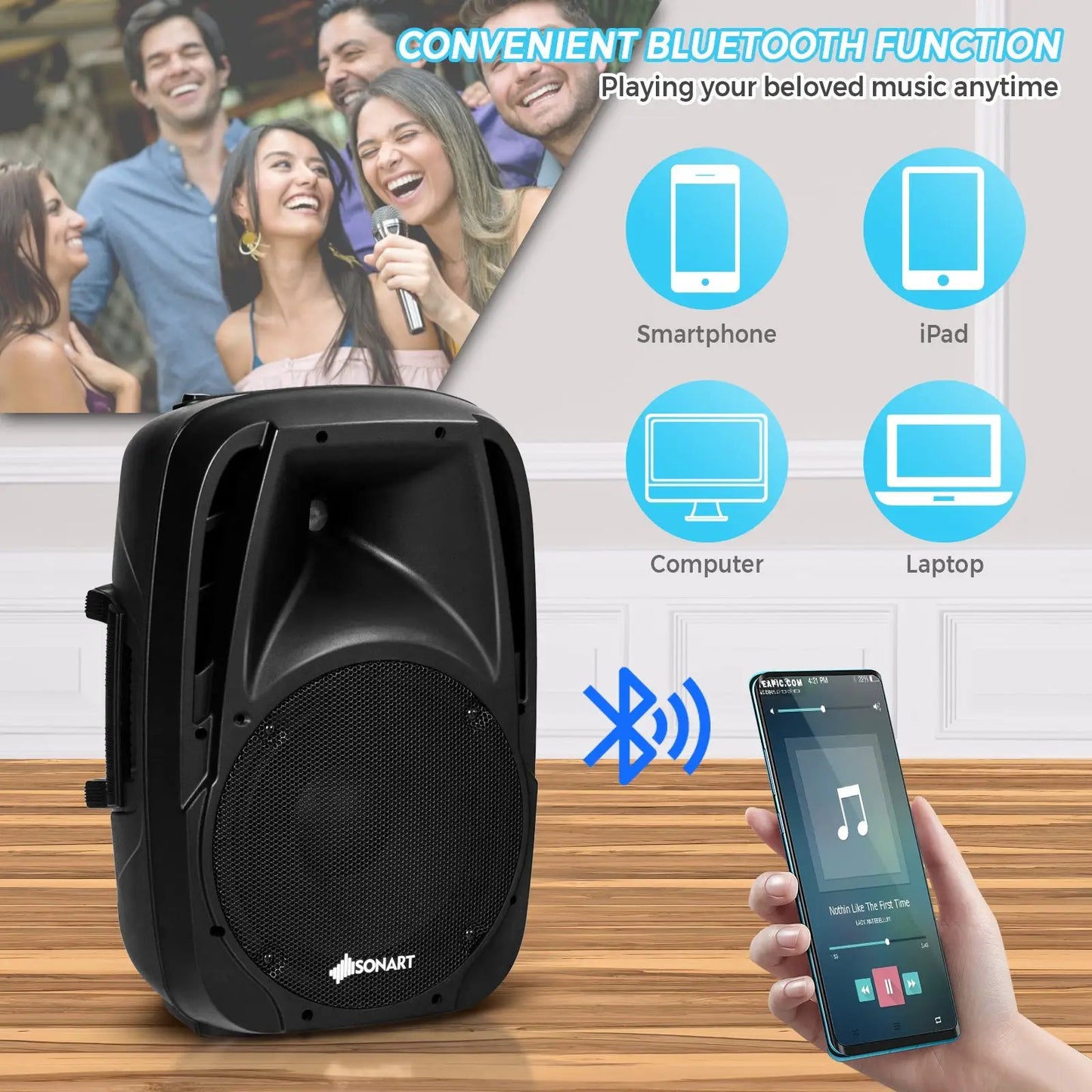 Dual 10 Inch 1600W powered mic speaker Bluetooth; black portable PA with control SONART logo on Tampa Home & Garden Store