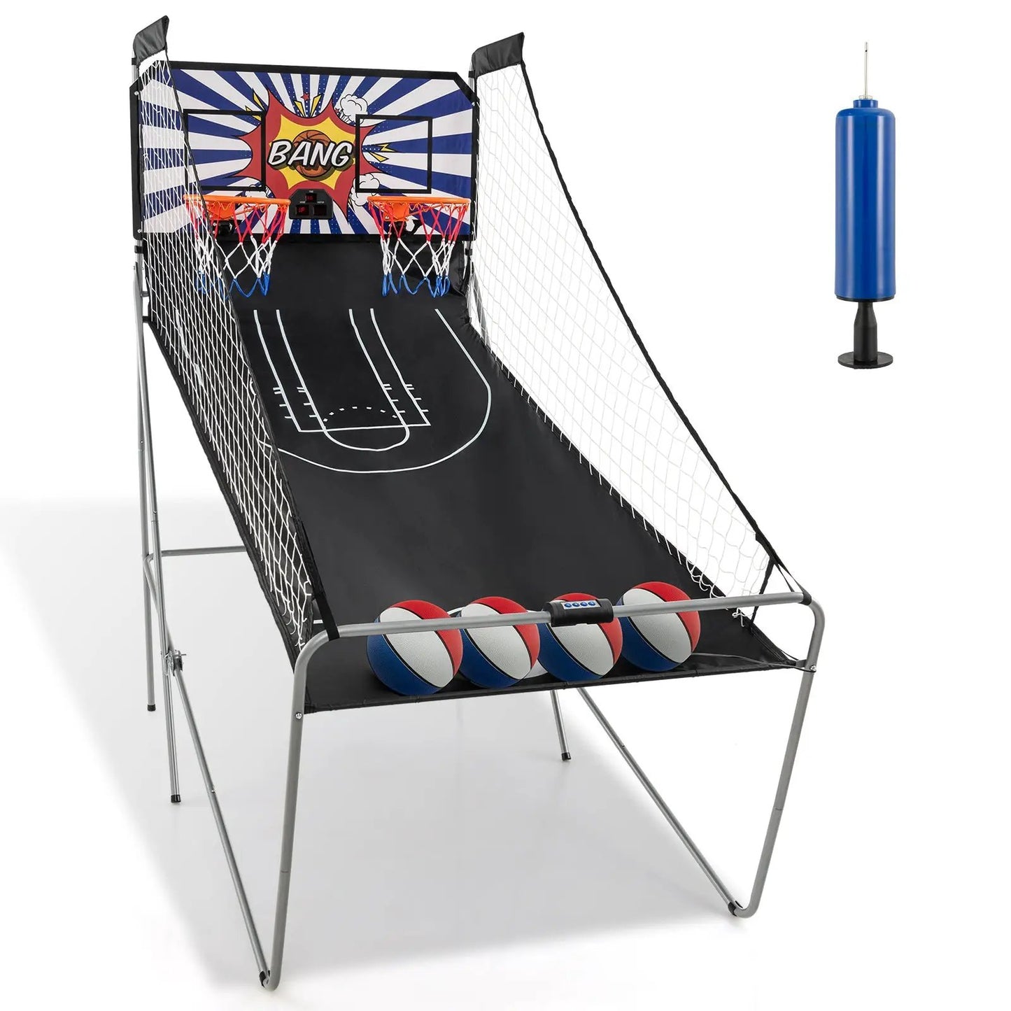 Dual Shot Basketball Arcade Game by DirectDeals with 2 hoops, comic backboard, and 4 balls on Tampa Home & Garden Store