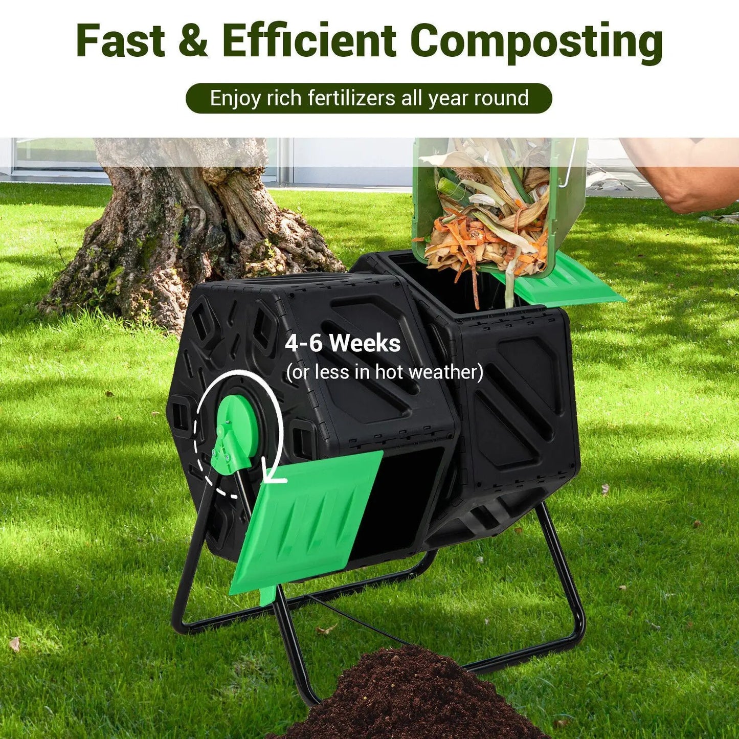 Dual Chamber Garden Compost Tumbler with Sliding Doors-Black & Green - Tampa Home & Garden Store