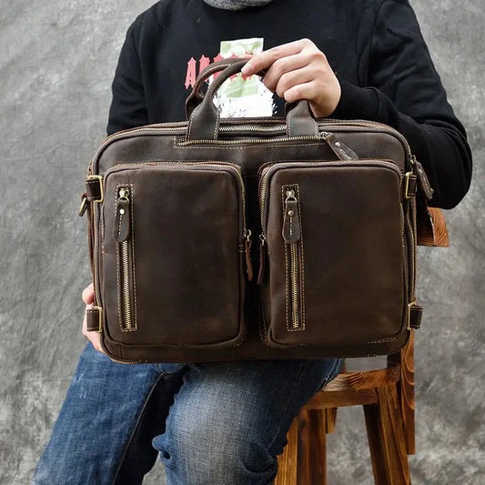 2-in-1 Dublin leather backpack briefcase, brown leather with dual front zip pockets on Tampa Home & Garden Store