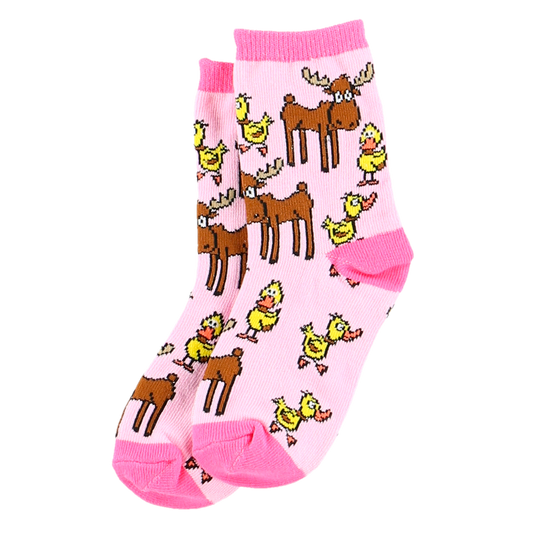 Duck and Moose Pink Kids Socks Large crew socks with moose and ducks pattern on Tampa Home & Garden Store