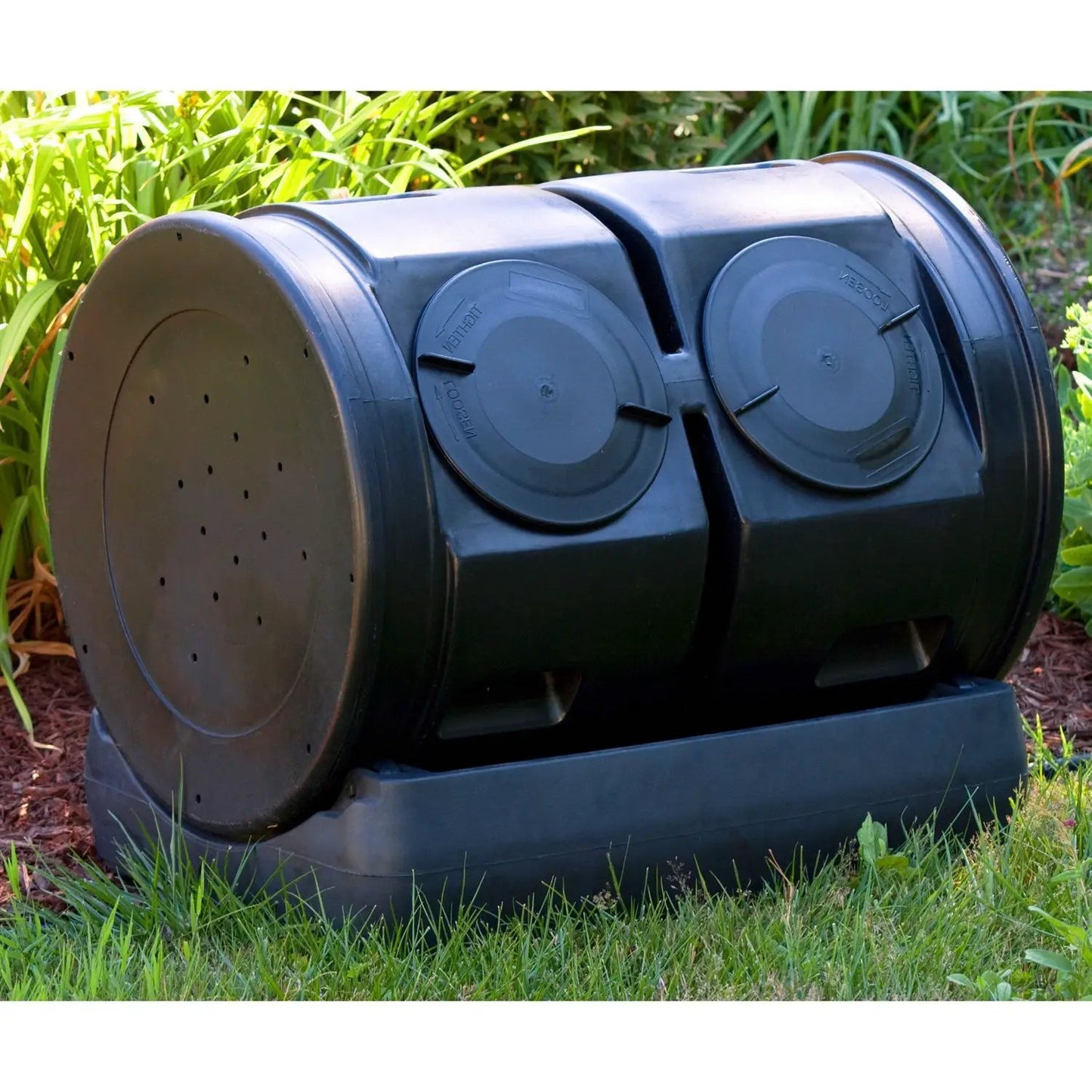 Duel Lid 7-Cubic Feet composting tumbler by HomePacific, black plastic with twin lids on Tampa Home & Garden Store