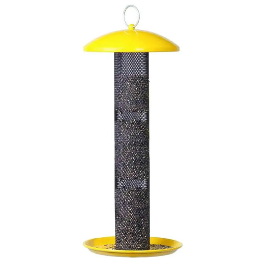 Metal mesh tube bird feeder with yellow top and dish, HomePacific outdoor decor on Tampa Home & Garden Store