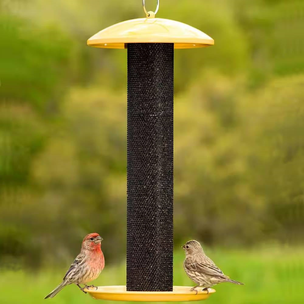 Metal Mesh Tube Bird Feeder, yellow top & bottom dish, black mesh, HomePacific, 2 birds on Tampa Home & Garden Store