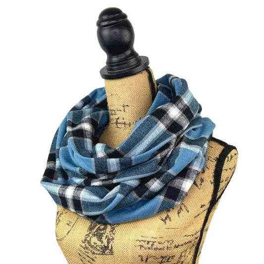 Dusty Blue and Black Plaid Flannel Infinity Scarf draped on a dress form on Tampa Home & Garden Store