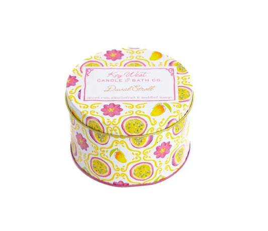 Duval Stroll Travel Tin Candle Spiced Rum Mango, yellow tin, Key West Candle & Bath Co. on Tampa Home & Garden Store