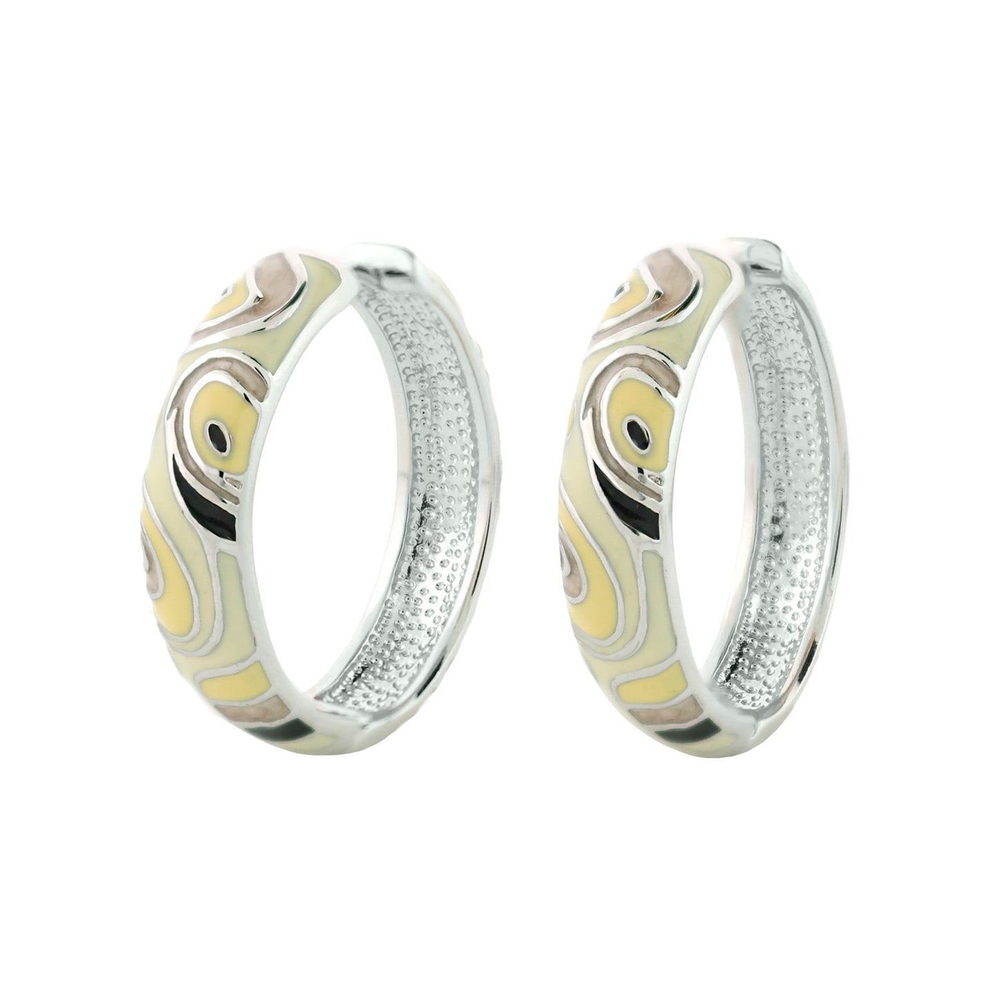 Picasso Hoop Earrings by Lauren G Adams, yellow enamel swirl on silver-tone hoops, pair on Tampa Home & Garden Store