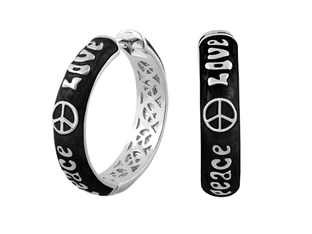 Peace And Love earrings by Lauren G Adams, black and silver-tone hoop and bar with peace symbol on Tampa Home & Garden Store