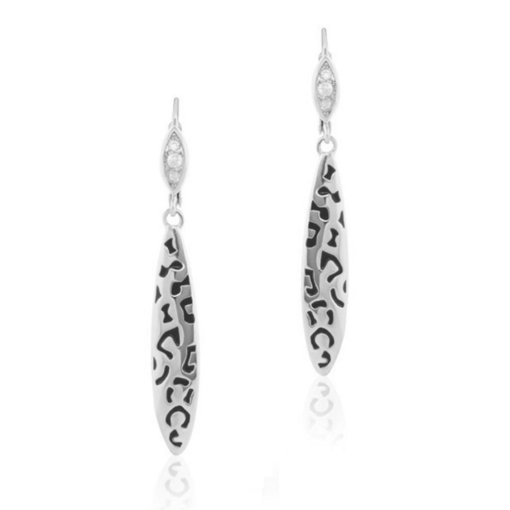 Sweet Leopard Earrings pair, silver-tone drop with leopard-cut pattern and crystal accents on Tampa Home & Garden Store