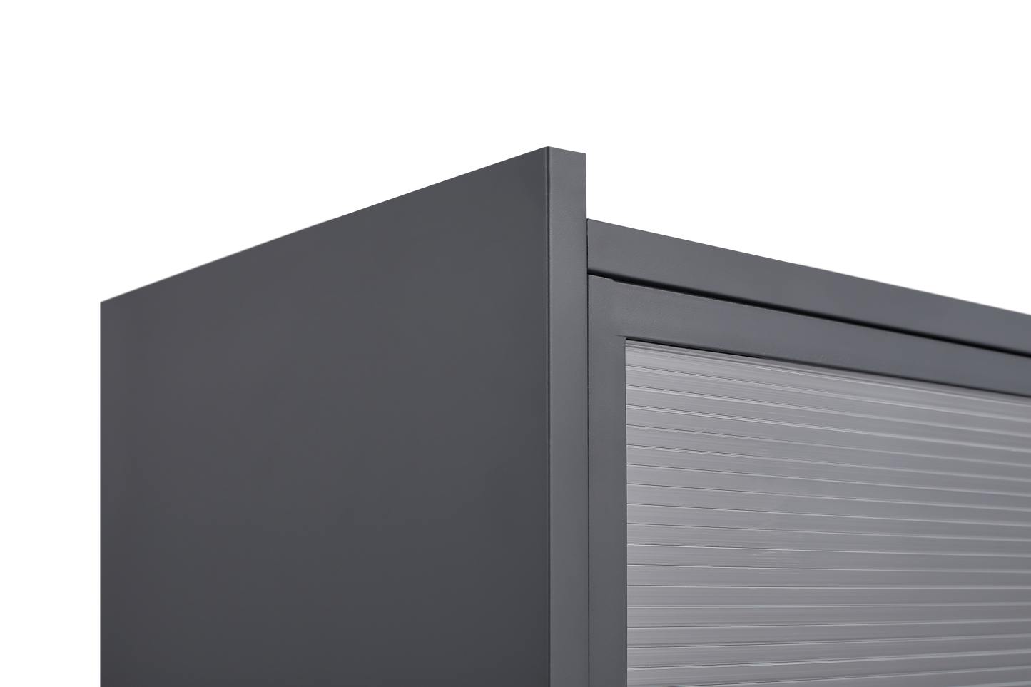 3 Tier Pantry Storage Cabinet With Rack in dark gray metal, top corner view of ribbed door on Tampa Home & Garden Store
