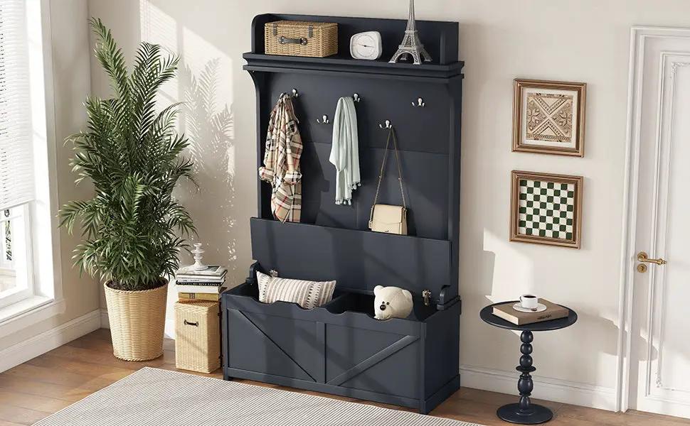 Hall Tree With Storage Desk and Hooks Dark Blue with hooks and a storage bench with bins on Tampa Home & Garden Store