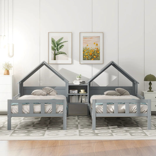 Double twin platform beds in gray with house-shaped headboards and a central shelf between beds on Tampa Home & Garden Store