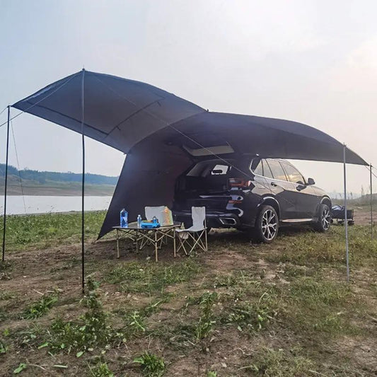 Large Outdoor Zipper Tent, black rainproof canopy over SUV with 2 chairs on Tampa Home & Garden Store