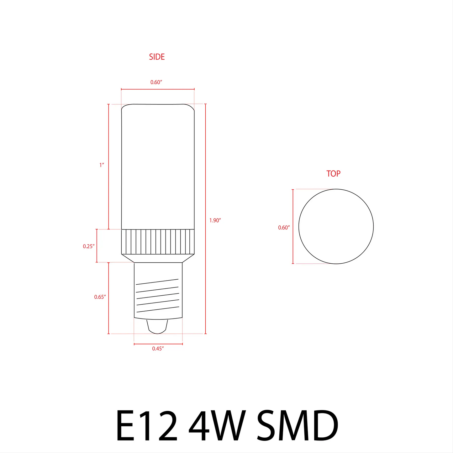 LED bulb E12 4W 12V dimmable schematic with dimension annotations on Tampa Home & Garden Store