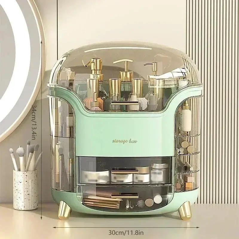 Mint green acrylic makeup storage box with drawers, clear side shelves, gold hardware dome lid on Tampa Home & Garden Store
