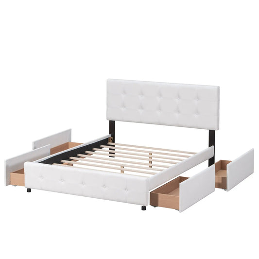 Upholstered platform bed with tufted white headboard and four drawers on Tampa Home & Garden Store