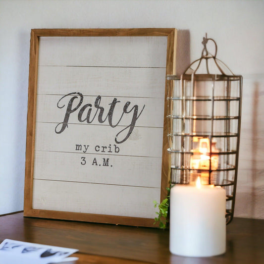 Crib Party sign decorative plaque whitewashed wood frame Gia Roma on Tampa Home & Garden Store