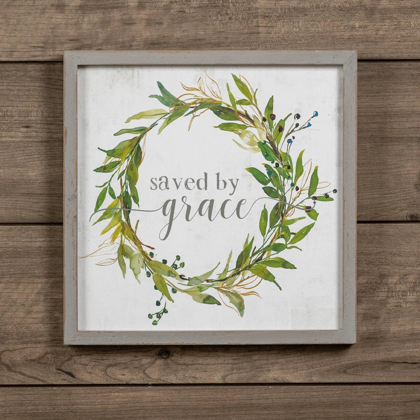 Saved by Grace Farmhouse Rustic Wood Sign with gray distressed frame and watercolor wreath on Tampa Home & Garden Store