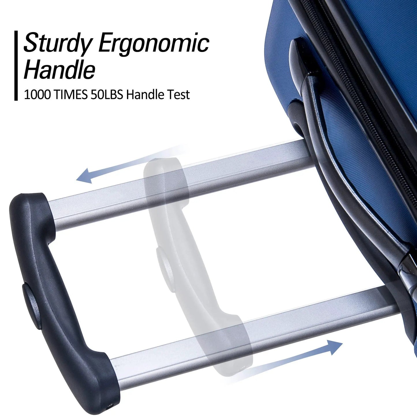 Blue hardside spinner luggage with silver telescoping handle and black grip on Tampa Home & Garden Store