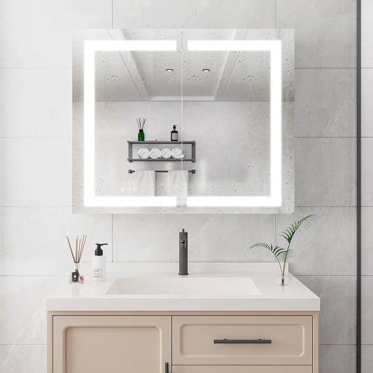Medicine cabinet with LED mirror, 36 x 30 inches, silver frame above beige vanity on Tampa Home & Garden Store