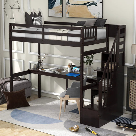 Twin loft bed with desk and storage in espresso finish, dark wood frame on Tampa Home & Garden Store