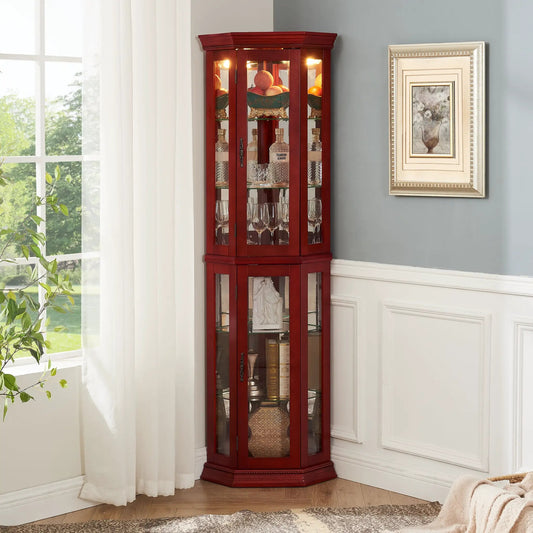 Corner Curio Cabinet with Lighted Glass Door in red wood showcasing glassware and bottles on Tampa Home & Garden Store