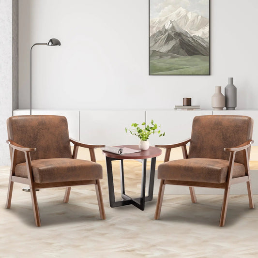 Pair of mid-century modern armchairs with solid wood frames in brown leather on Tampa Home & Garden Store