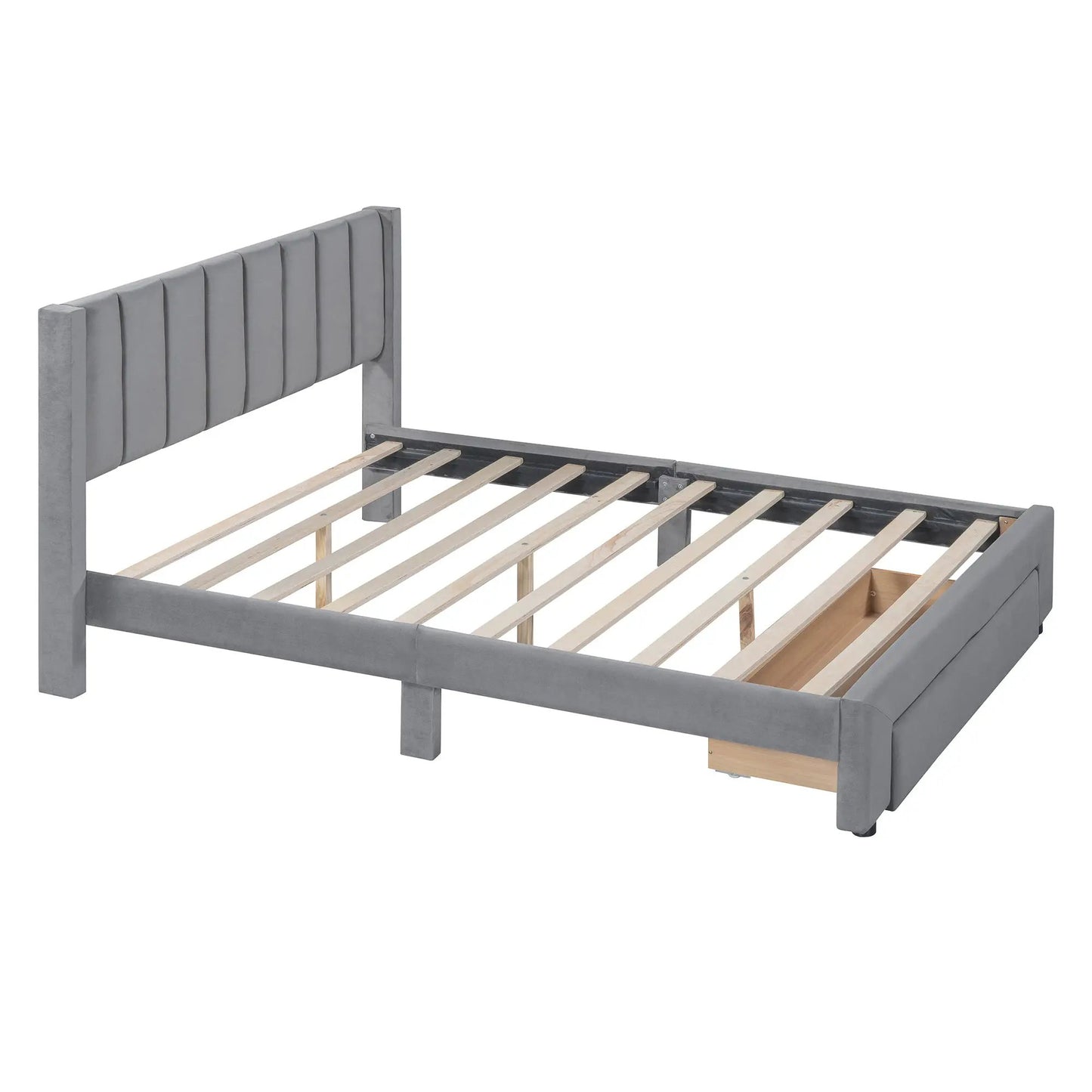 Full size velvet gray storage bed with drawer, upholstered headboard with vertical channel quilting, platform bed frame on Tampa Home & Garden Store