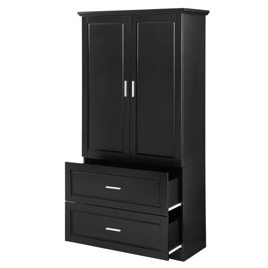 Tall black bathroom storage cabinet with two top doors and a bottom drawer on Tampa Home & Garden Store