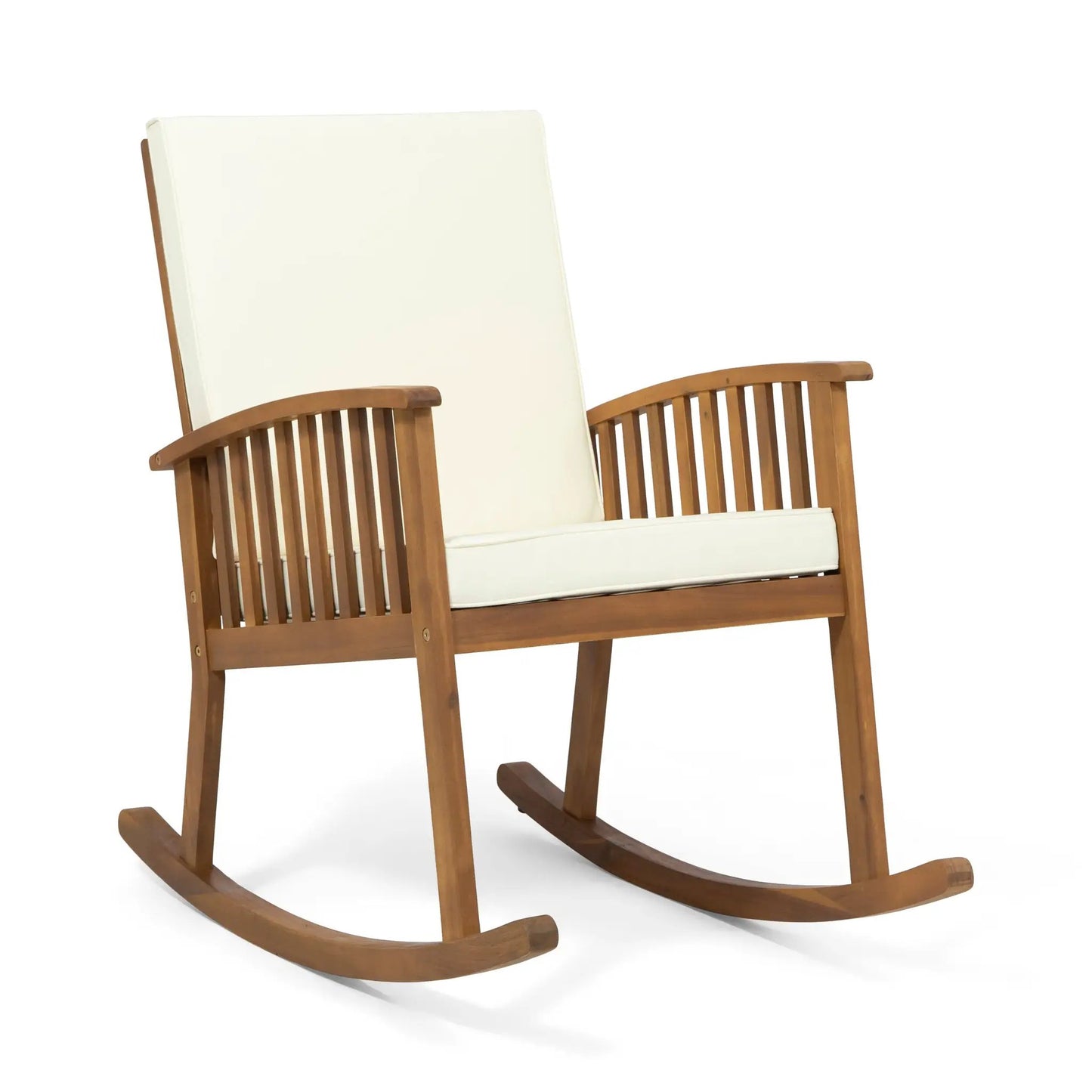 Casa Acacia Wood Rocking Chair for Patio with white cushions and curved slat arms on Tampa Home & Garden Store