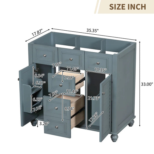 36-inch blue vanity cabinet with 2 drawers and visible interior storage on Tampa Home & Garden Store