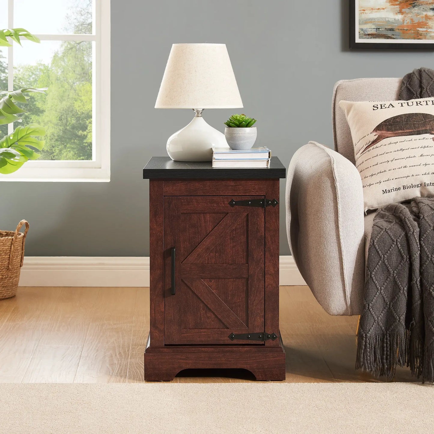 Farmhouse end table nightstand with barn door oak, dark wood finish, compact accent piece on Tampa Home & Garden Store