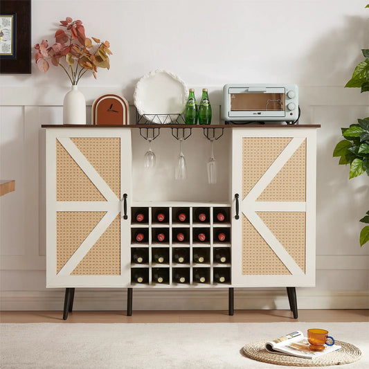 White faux rattan wine cabinet with glass rack and bottle grid; two Perrier bottles on Tampa Home & Garden Store