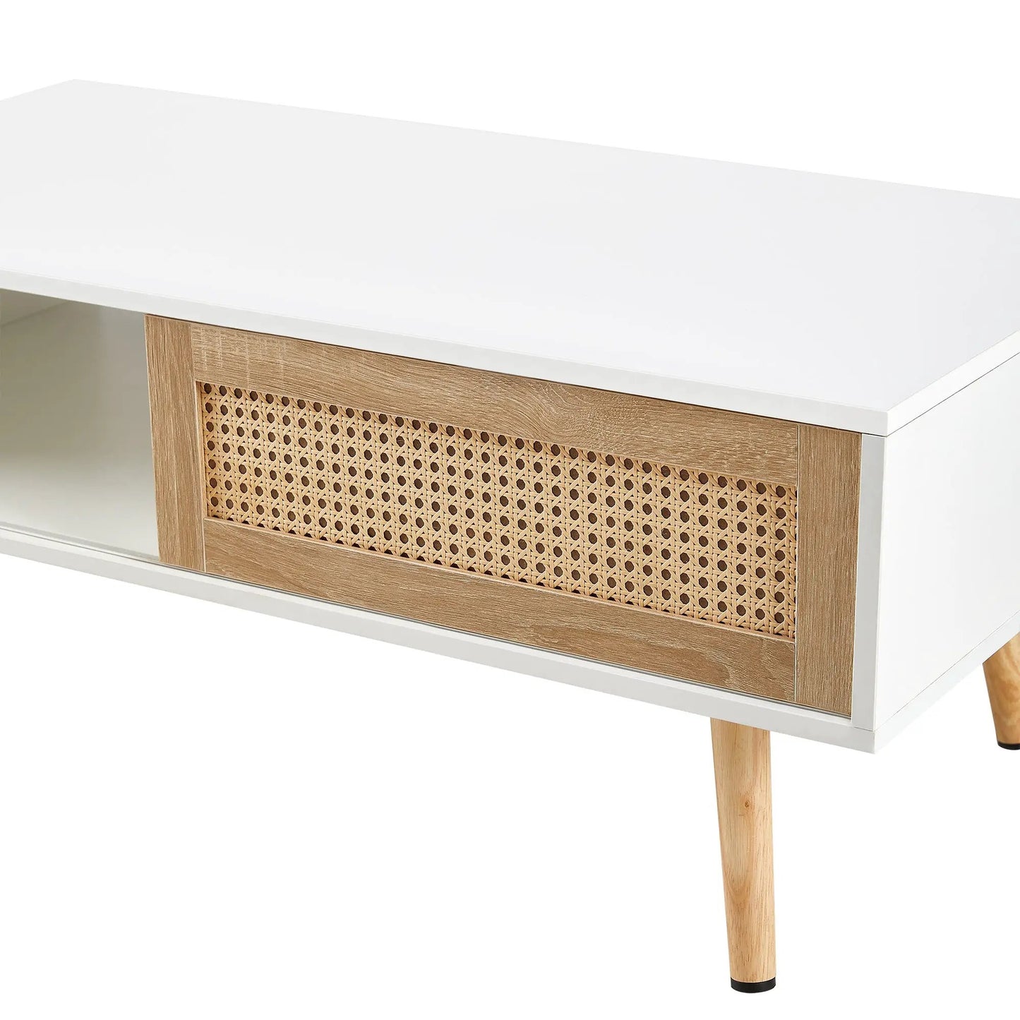 41.34-inch rattan coffee table with sliding door, white top and natural wood lattice panel on Tampa Home & Garden Store