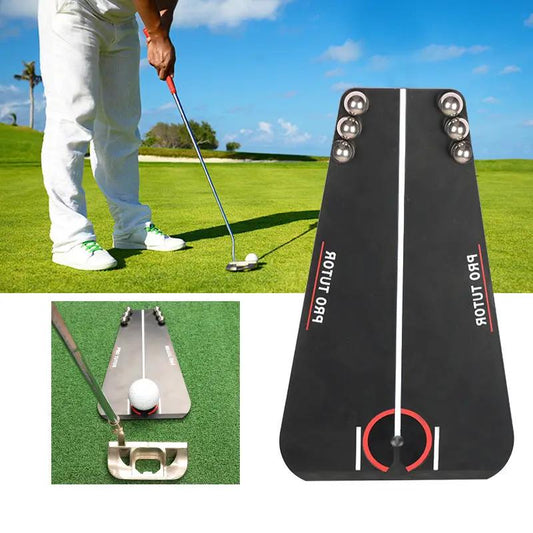 Golf Putting Exerciser trainer with black mat, white center line and red target on turf on Tampa Home & Garden Store